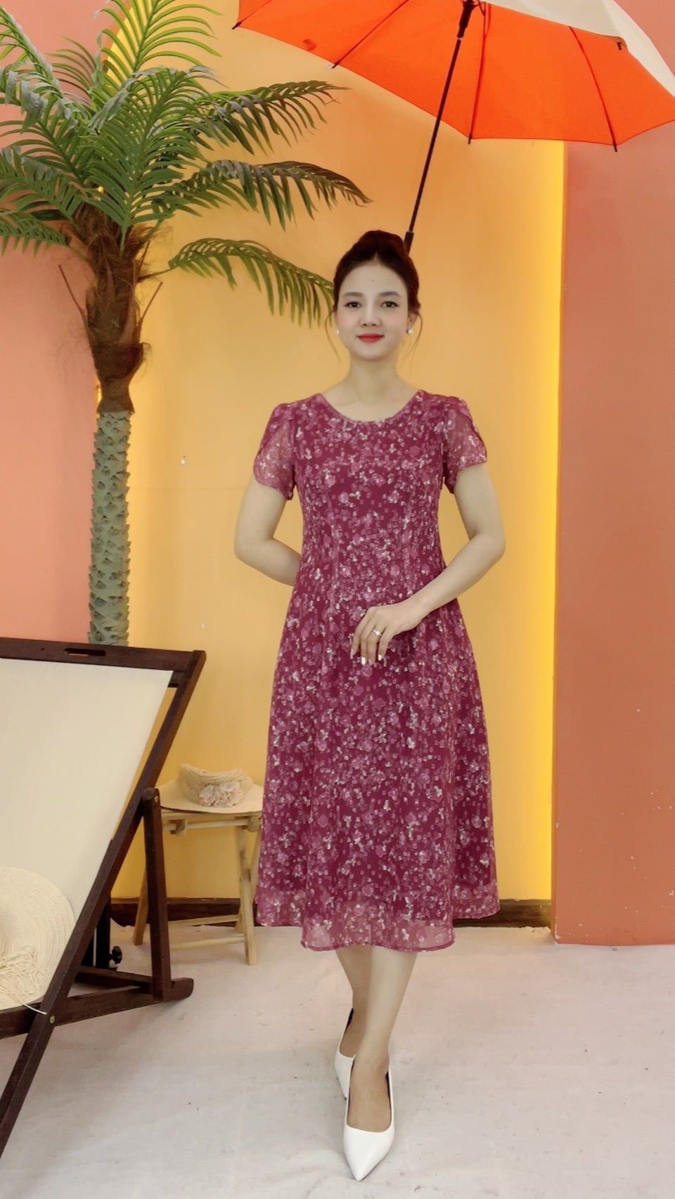 Đầm suông xòe - Cổ tròn tay ngắn - CT - Hồng hoa - TTV2111