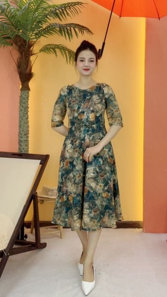 Đầm xòe - Cổ tròn tay lỡ kết ngọc - CV - Xanh họa tiết - TTV2116
