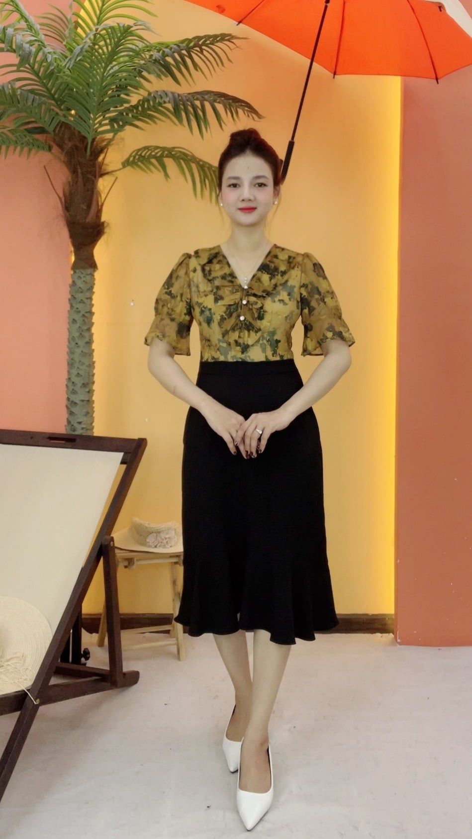 Đầm body đuôi cá - Cổ tim bèo kết nút tay lỡ - AH - Nâu hoa - TTV2123
