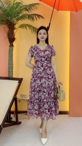 Đầm maxi - Cổ tim tay ngắn - CD - Tím hoa - TTV2122