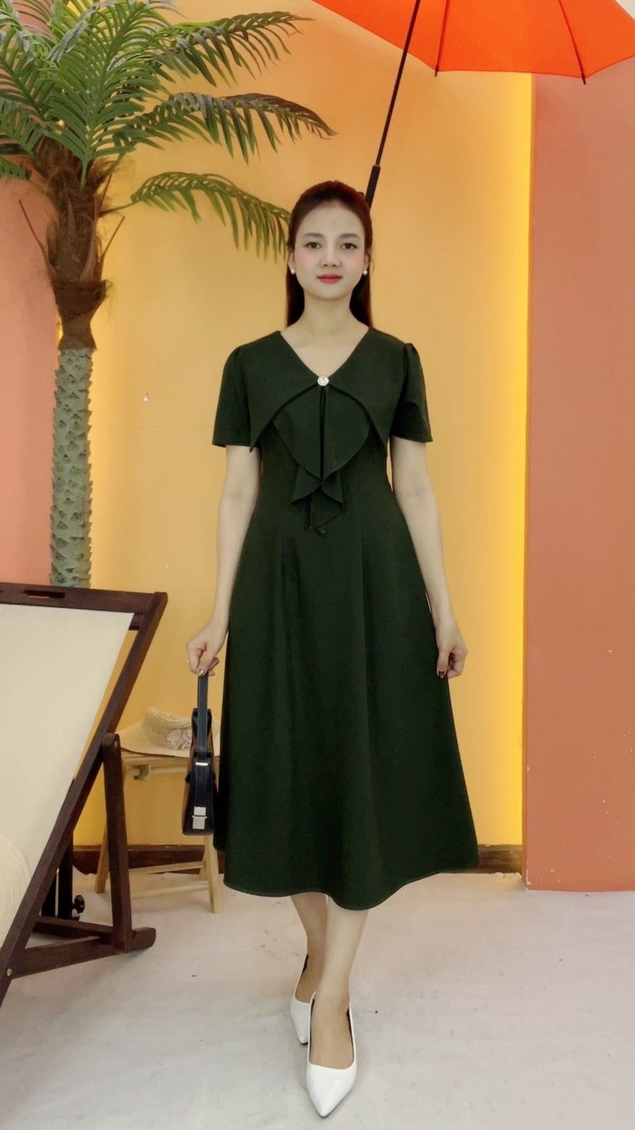 Đầm suông - Cổ tim kết nút tay ngắn - CT - Xanh rêu - TTV2119