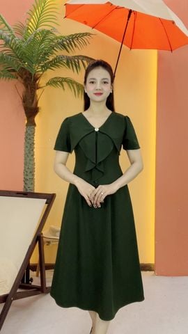 Đầm suông - Cổ tim kết nút tay ngắn - CT - Xanh rêu - TTV2119