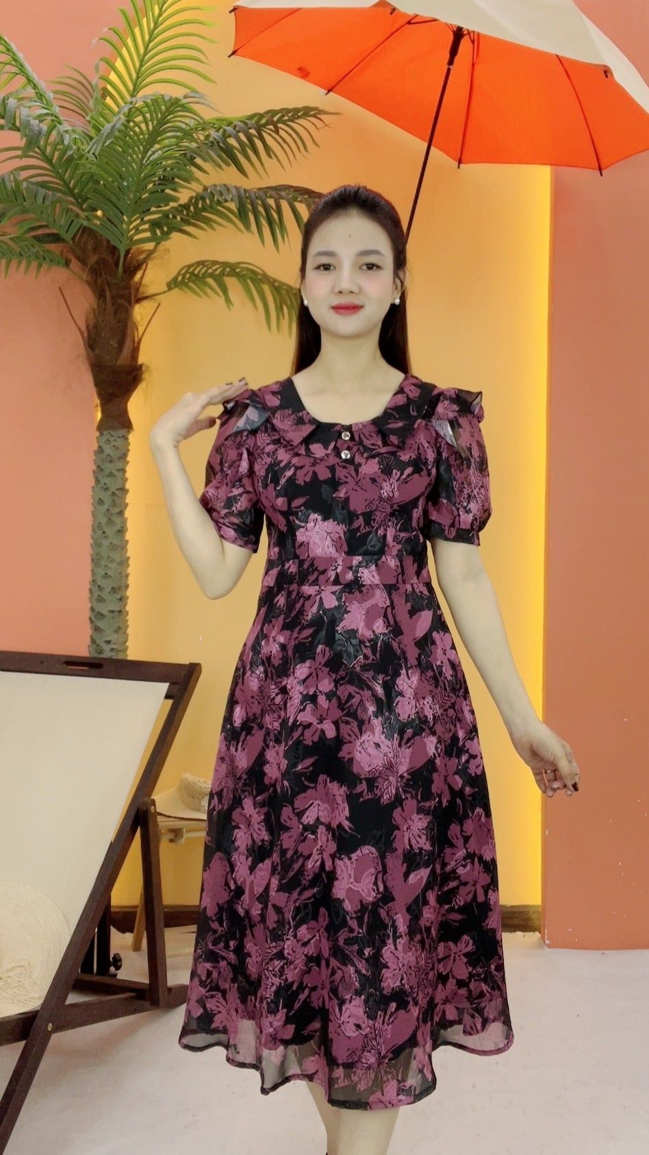 Đầm xòe - Cổ tròn bèo tay kết nút tay ngắn - CV - Đen họa tiết - TTV2121