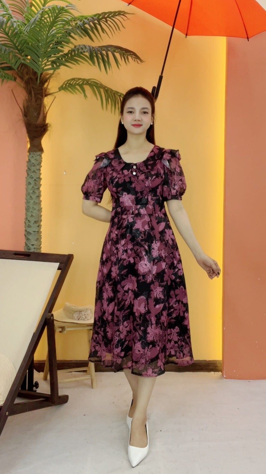 Đầm xòe - Cổ tròn bèo tay kết nút tay ngắn - CV - Đen họa tiết - TTV2121