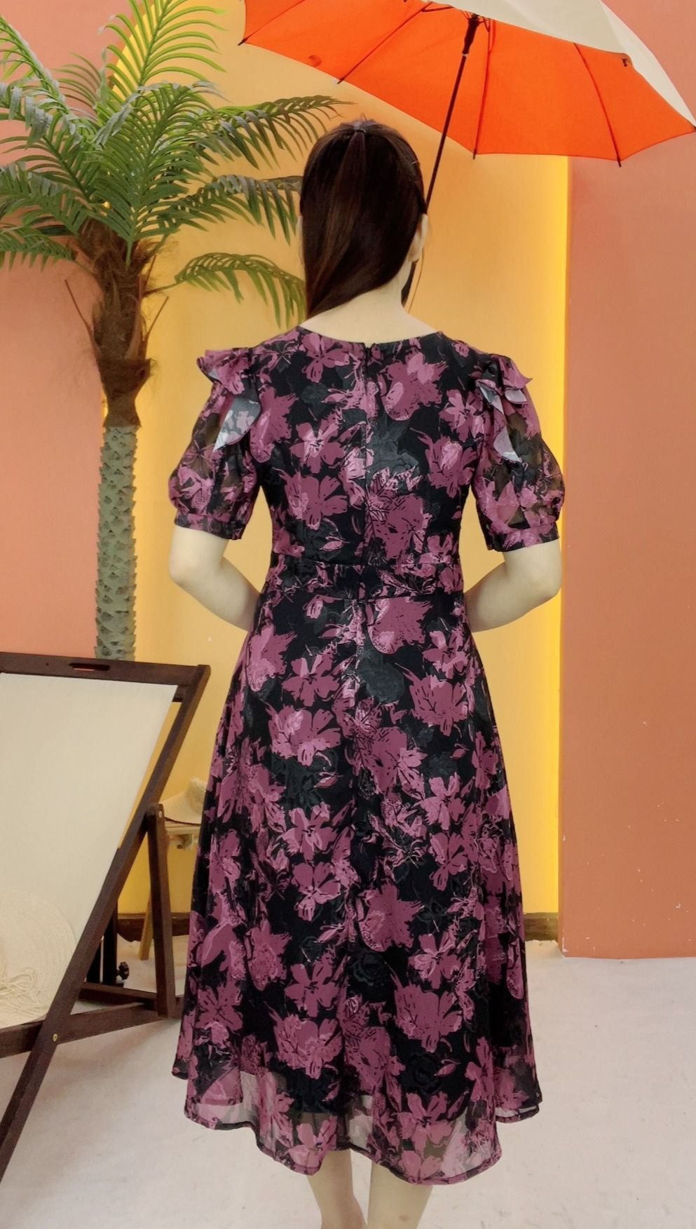 Đầm xòe - Cổ tròn bèo tay kết nút tay ngắn - CV - Đen họa tiết - TTV2121