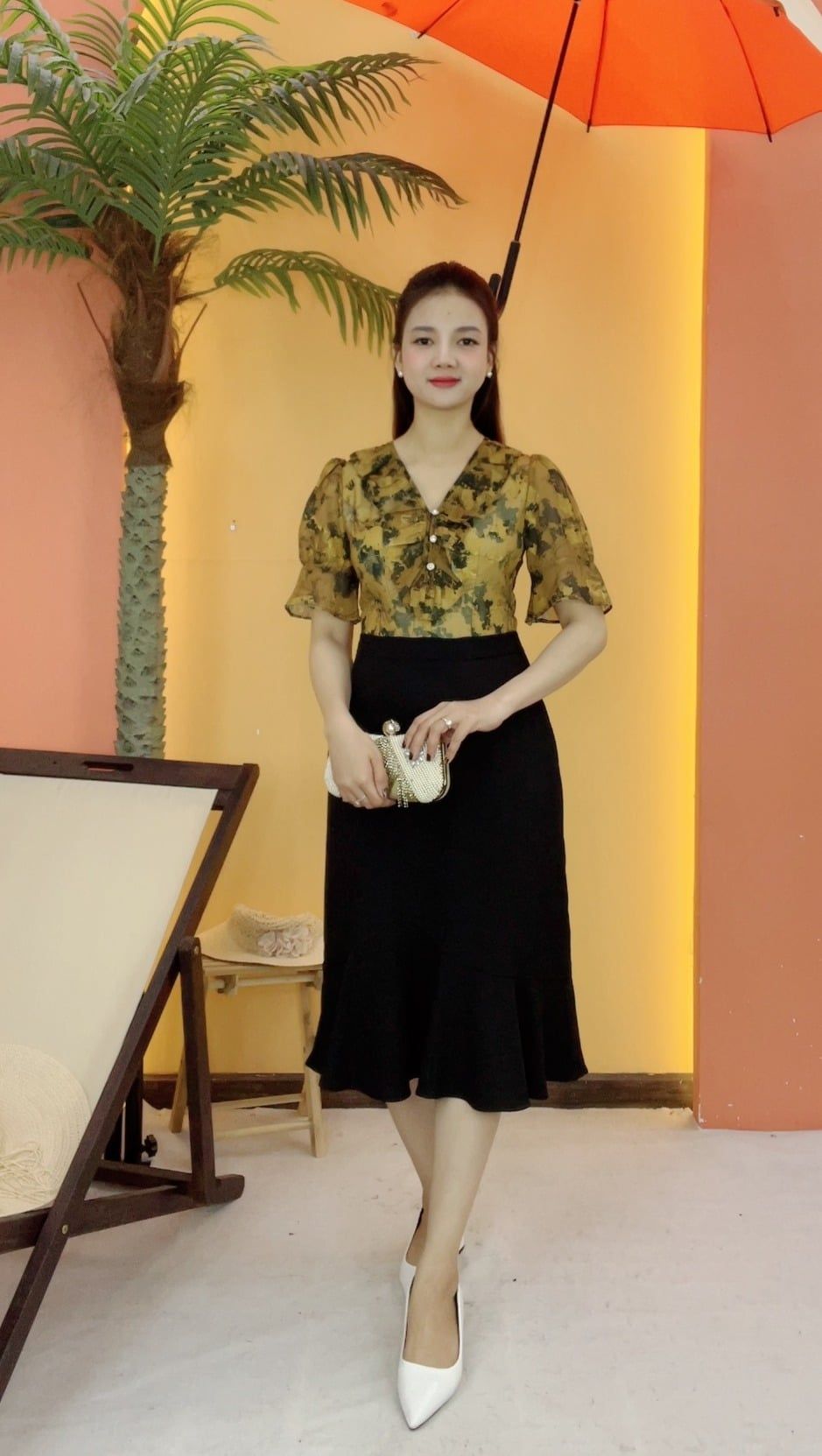 Đầm body đuôi cá - Cổ tim bèo kết nút tay lỡ - AH - Nâu hoa - TTV2123