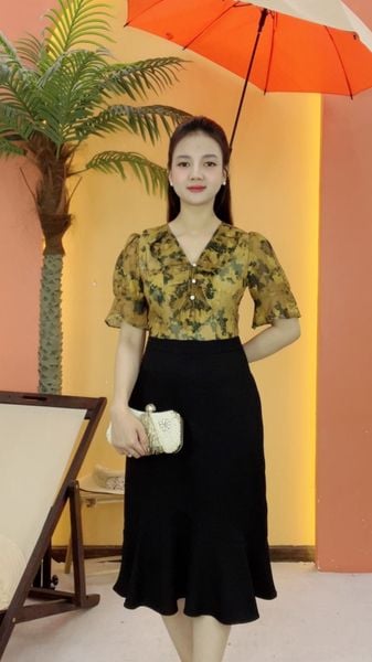 Đầm body đuôi cá - Cổ tim bèo kết nút tay lỡ - AH - Nâu hoa - TTV2123