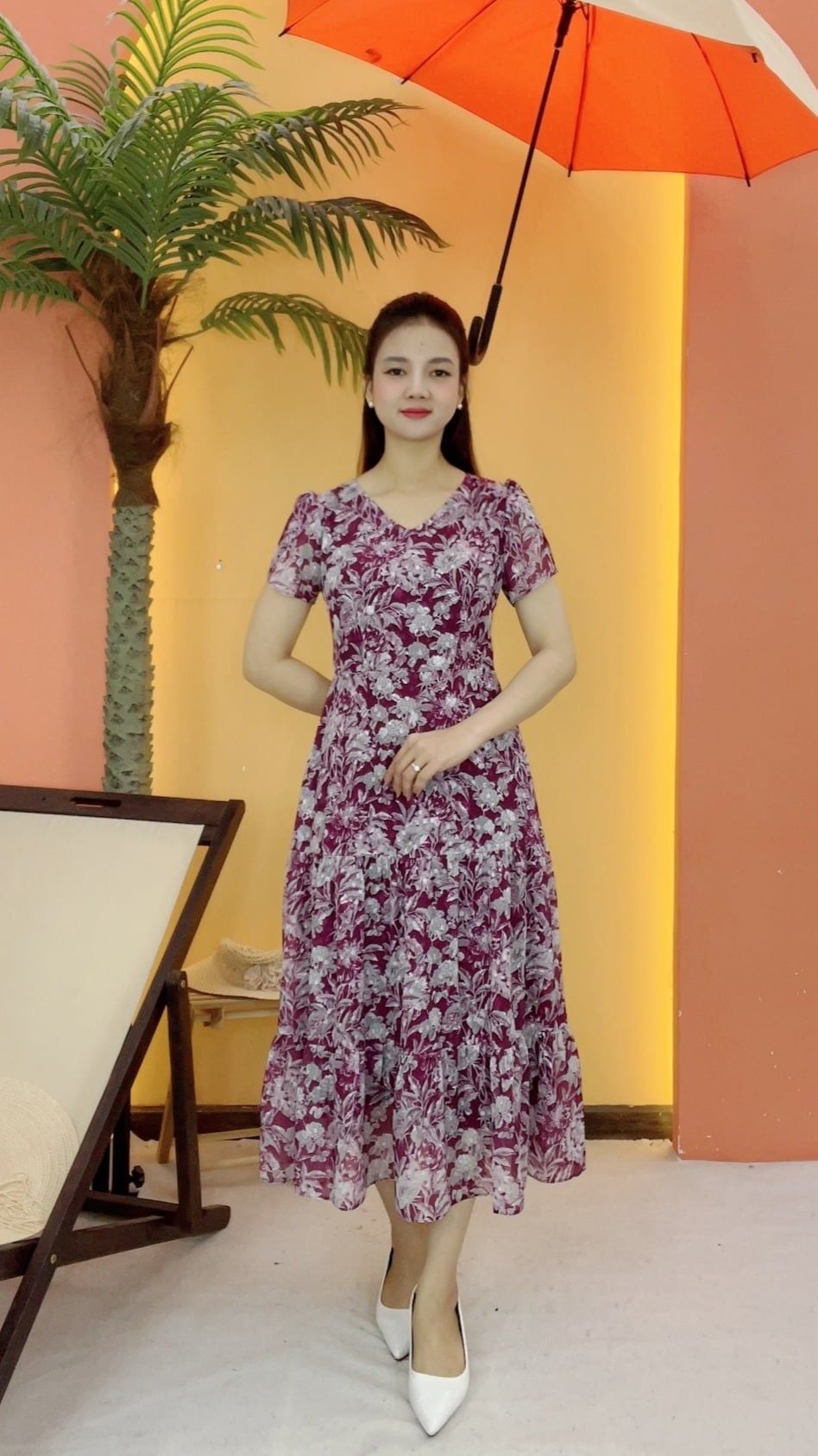 Đầm maxi - Cổ tim tay ngắn - CD - Tím hoa - TTV2122