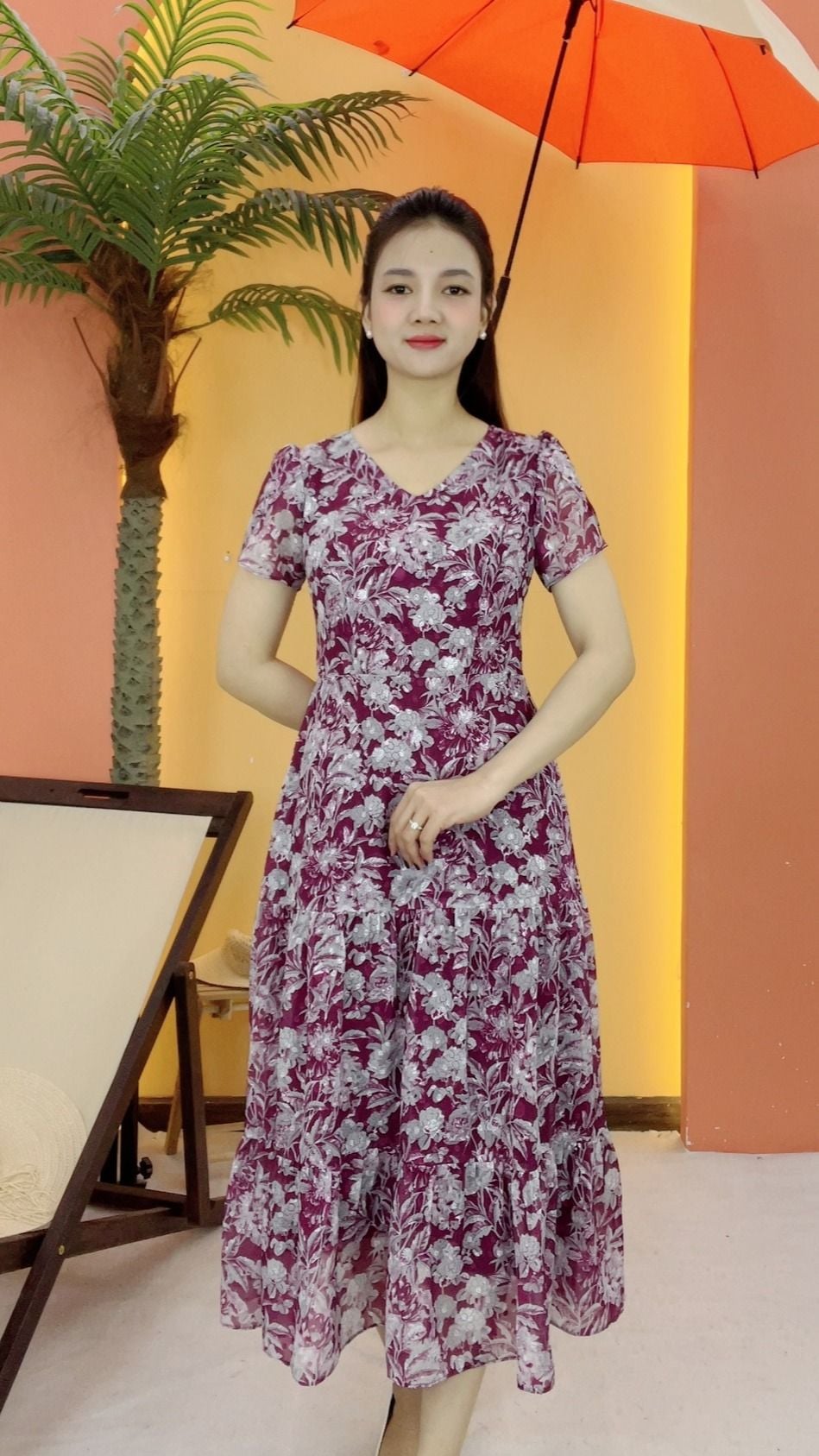 Đầm maxi - Cổ tim tay ngắn - CD - Tím hoa - TTV2122