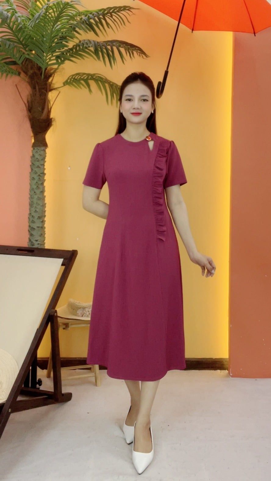 Đầm suông xòe - Cổ tròn tay ngắn - Hồng sen - TTV2127