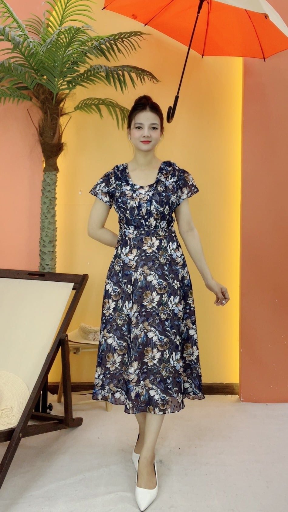 Đầm xòe - Cổ vuông tim tay ngắn - CT- Xanh  hoa - TTV2125