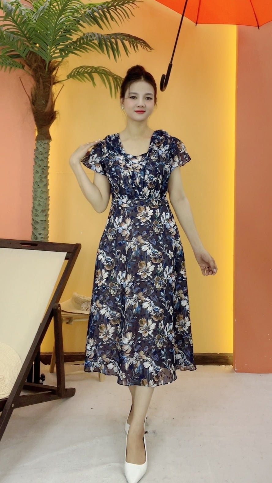 Đầm xòe - Cổ vuông tim tay ngắn - CT- Xanh  hoa - TTV2125