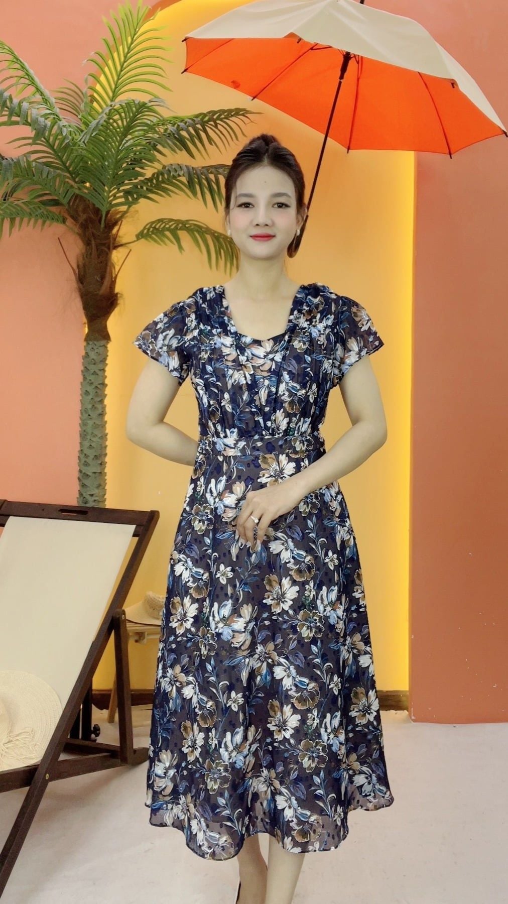 Đầm xòe - Cổ vuông tim tay ngắn - CT- Xanh  hoa - TTV2125