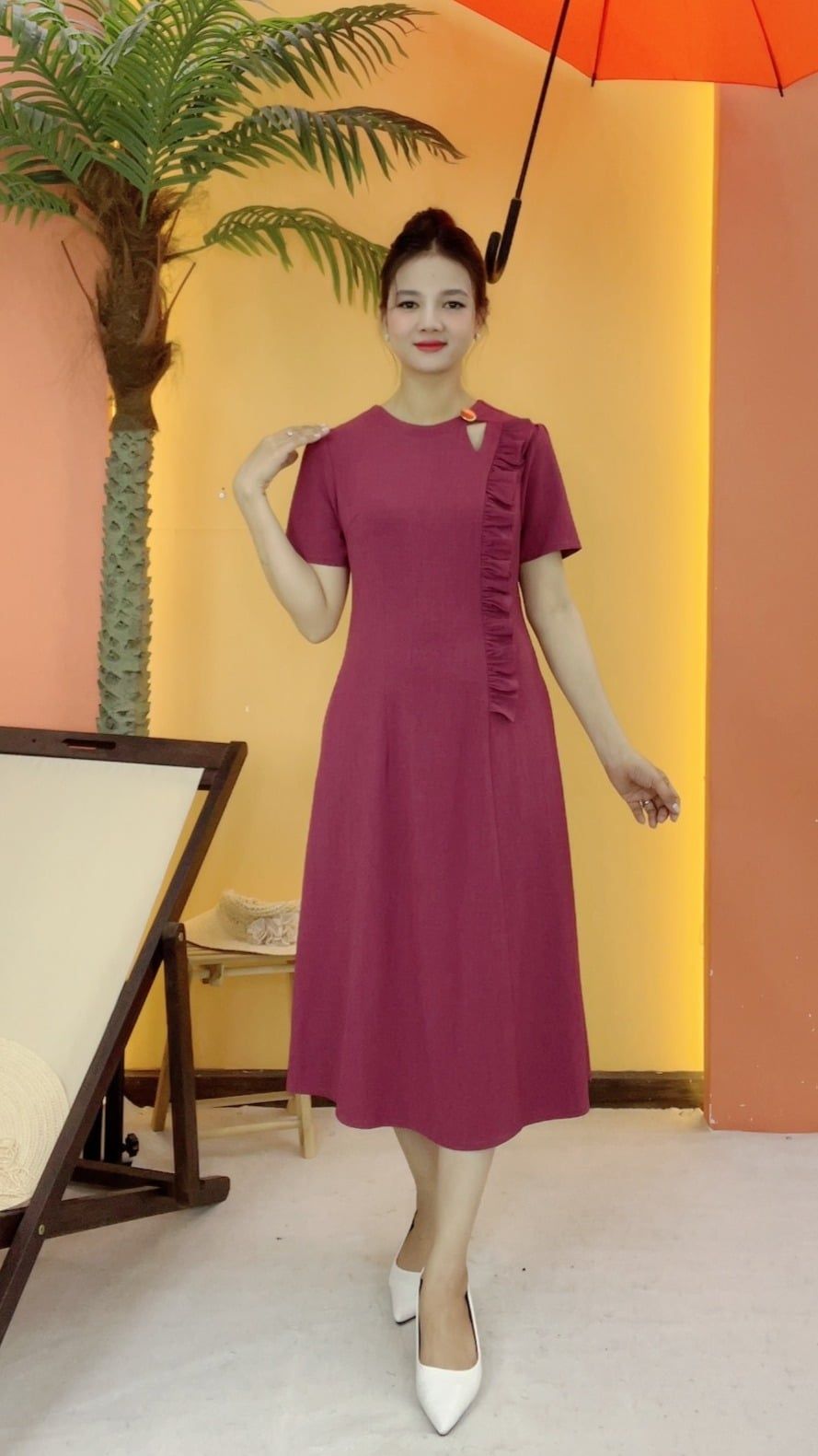 Đầm suông xòe - Cổ tròn tay ngắn - Hồng sen - TTV2127