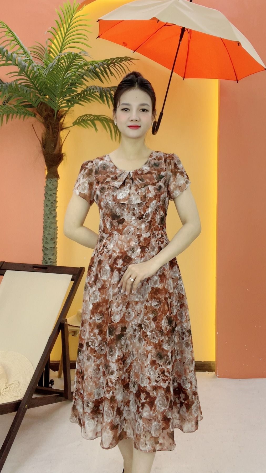 Đầm xòe - Cổ tròn nơ tay ngắn - CT - Nâu họa tiết - TTV2126