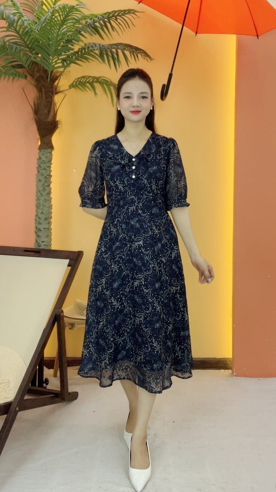 Đầm xòe - Cổ tim bèo kết nút tay lỡ - CV - Xanh đen hoa - TTV2129