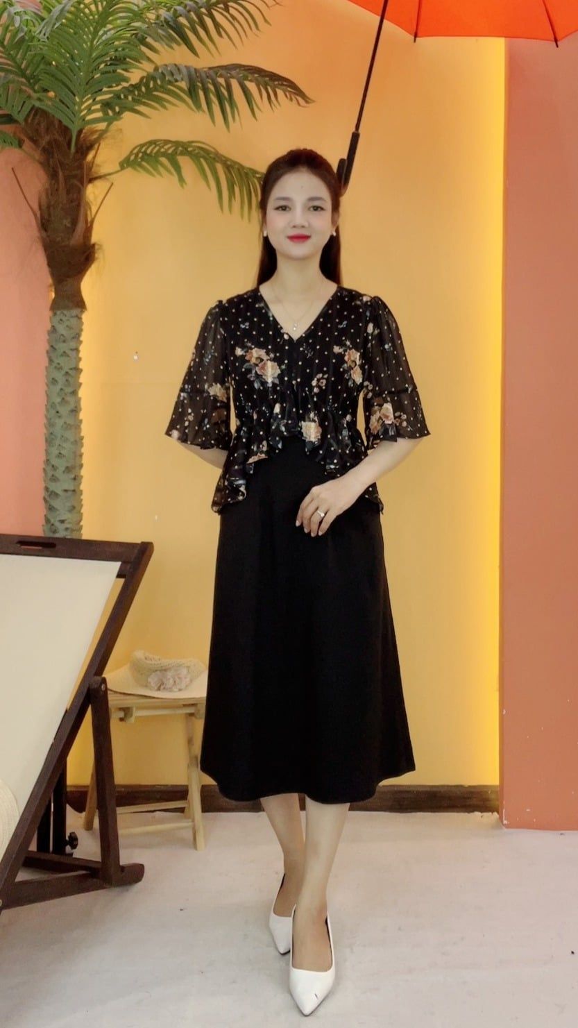 Đầm suông - Cổ tim tay lỡ - AH - Đen hoa - TTV2131