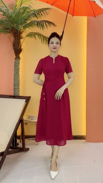 Đầm suông xòe - Cổ tròn kết ngọc tay ngắn - Đỏ - TTV2132