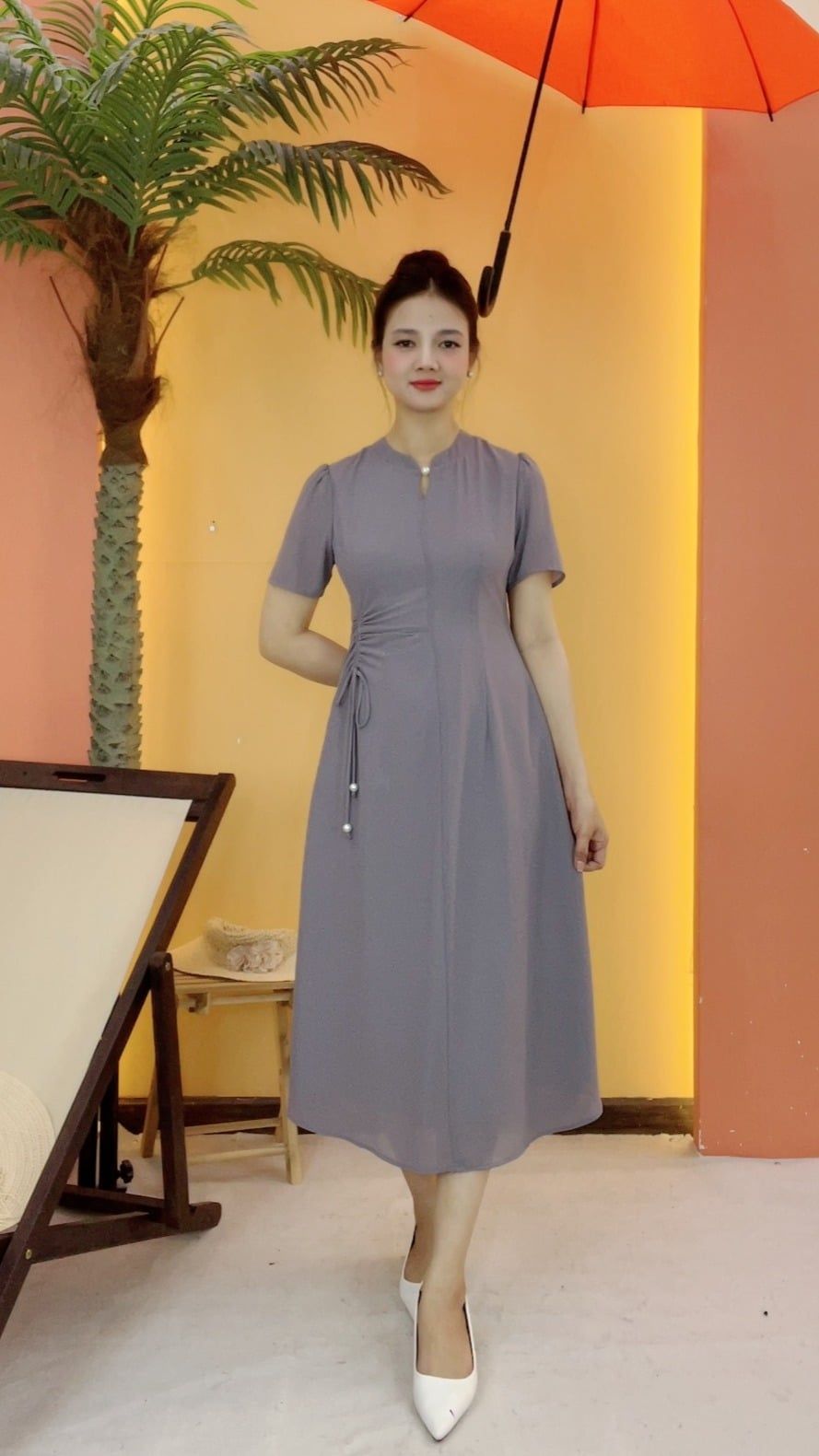 Đầm suông xòe - Cổ tròn kết ngọc tay ngắn - Xám Ghi - TTV2132