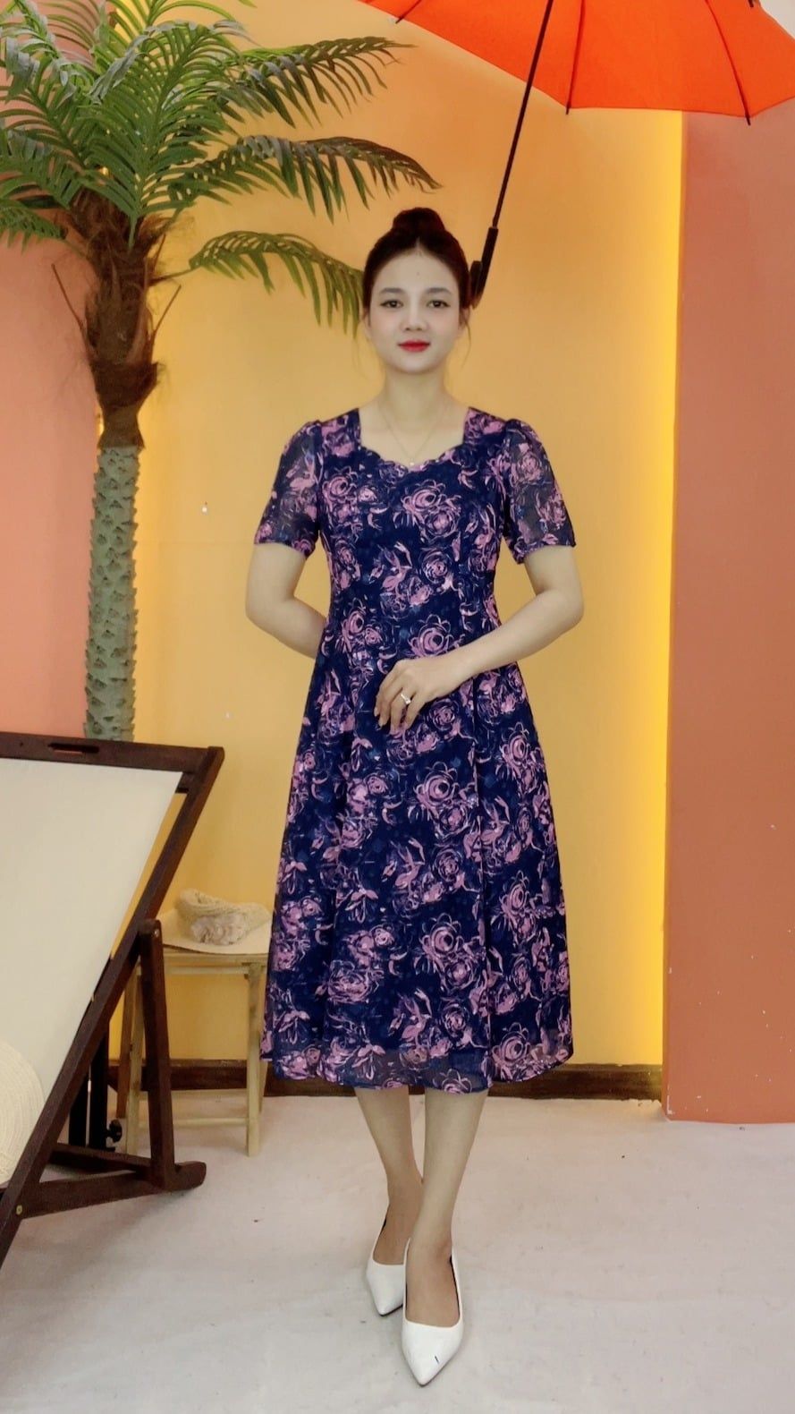 Đầm suông xòe - Cổ sóng nước tay ngắn - Xanh hoa tím - TTV2135