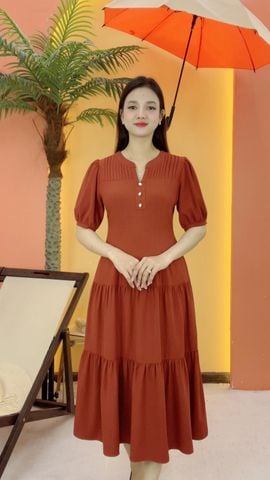 Đầm maxi - Cổ tròn khoét V kết nút tay ngắn  - CT- Cam gạch - TTV2134