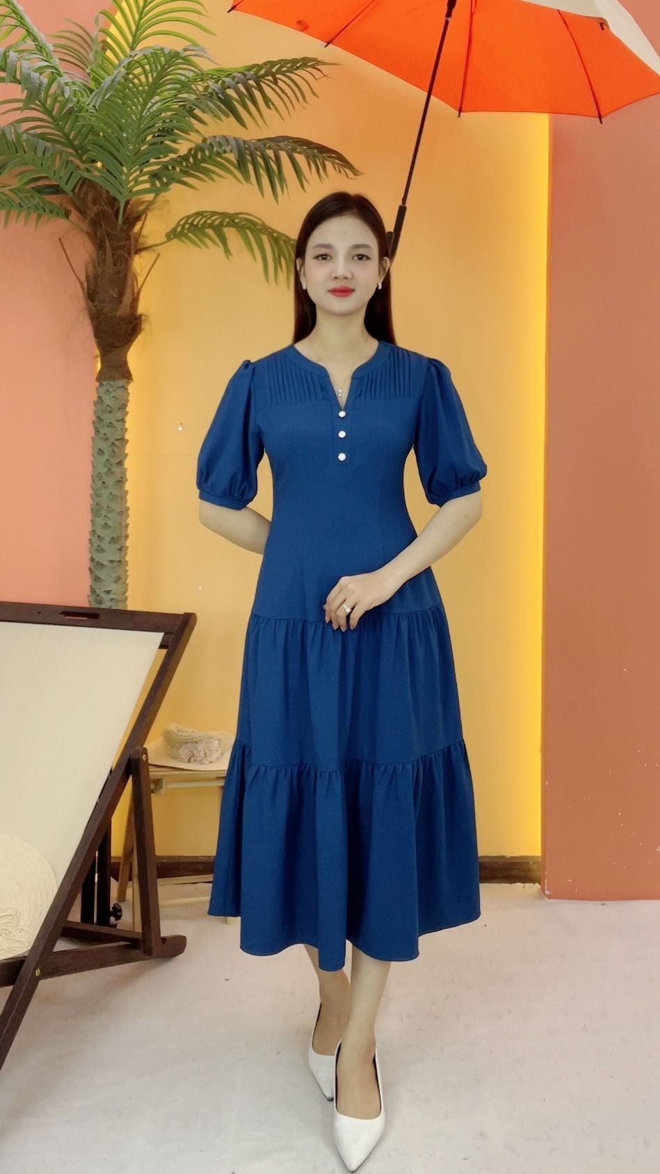 Đầm maxi - Cổ tròn khoét V kết nút tay ngắn  - CT- Xanh coban - TTV2134
