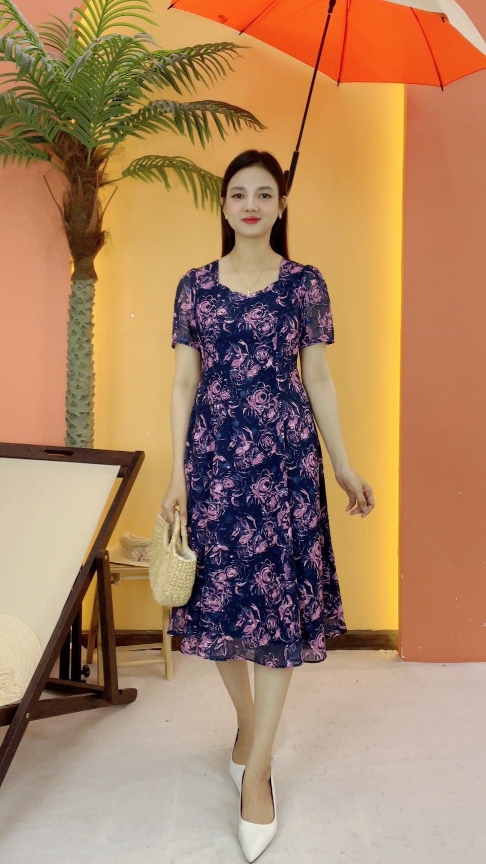 Đầm suông xòe - Cổ sóng nước tay ngắn - Xanh hoa tím - TTV2135