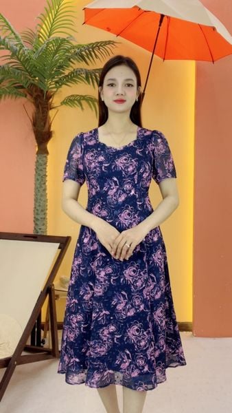 Đầm suông xòe - Cổ sóng nước tay ngắn - Xanh hoa tím - TTV2135