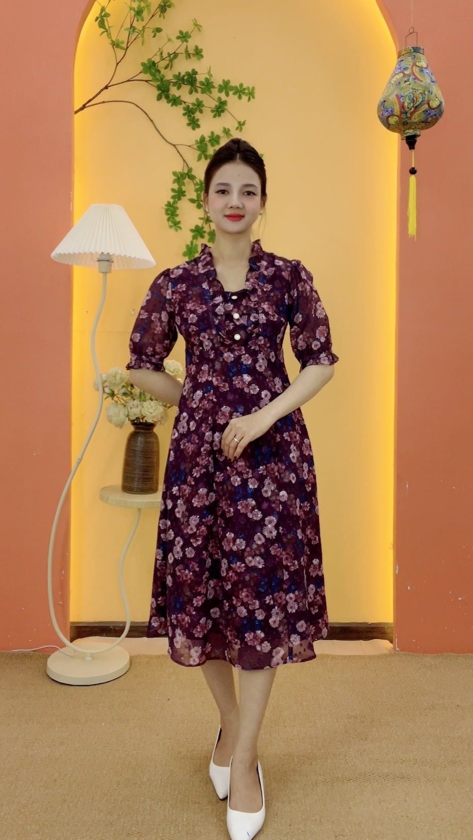 Đầm suông xòe - Cổ tim bèo kết nút tay lỡ - CT - Tím hoa - TTV2136