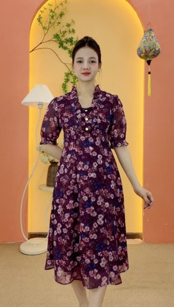 Đầm suông xòe - Cổ tim bèo kết nút tay lỡ - CT - Tím hoa - TTV2136