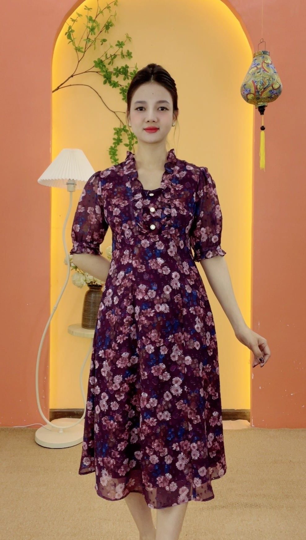 Đầm suông xòe - Cổ tim bèo kết nút tay lỡ - CT - Tím hoa - TTV2136