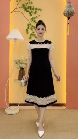 Đầm suông A - Cổ tròn phối ren tay ngắn - CD - Đen - TTV2139