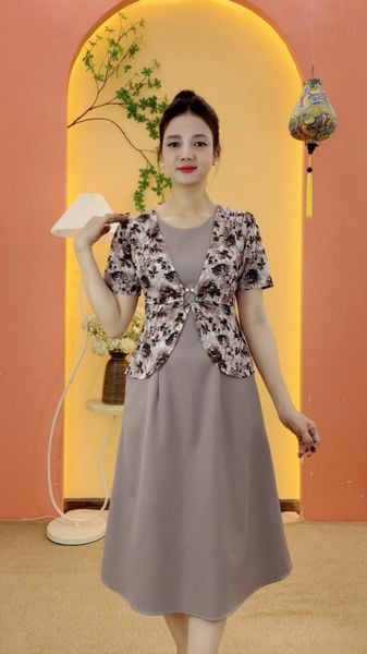 Đầm suông xòe - Cổ tròn tay ngắn - CT - Xám hoa - TTV2138