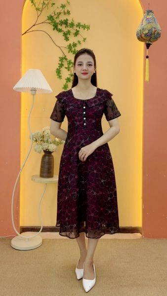 Đầm xòe - Cổ vuông tay ngắn - AH - Tím rượu - TTV2140