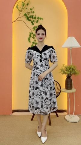 Đầm suông A - Cổ tim tay ngắn kết nút - CD - Đen hoa trắng - TTV2141