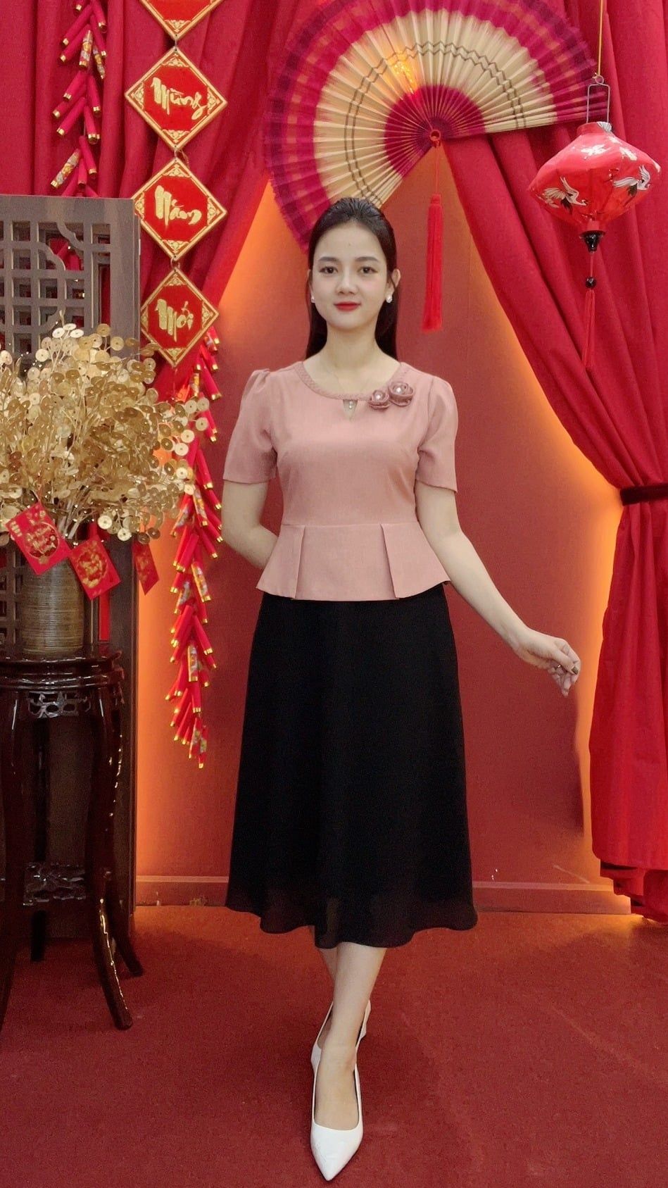 Đầm xòe - Cổ tròn khoét V kết hoa tay ngắn - AH - Hồng ruốc - TTV2024