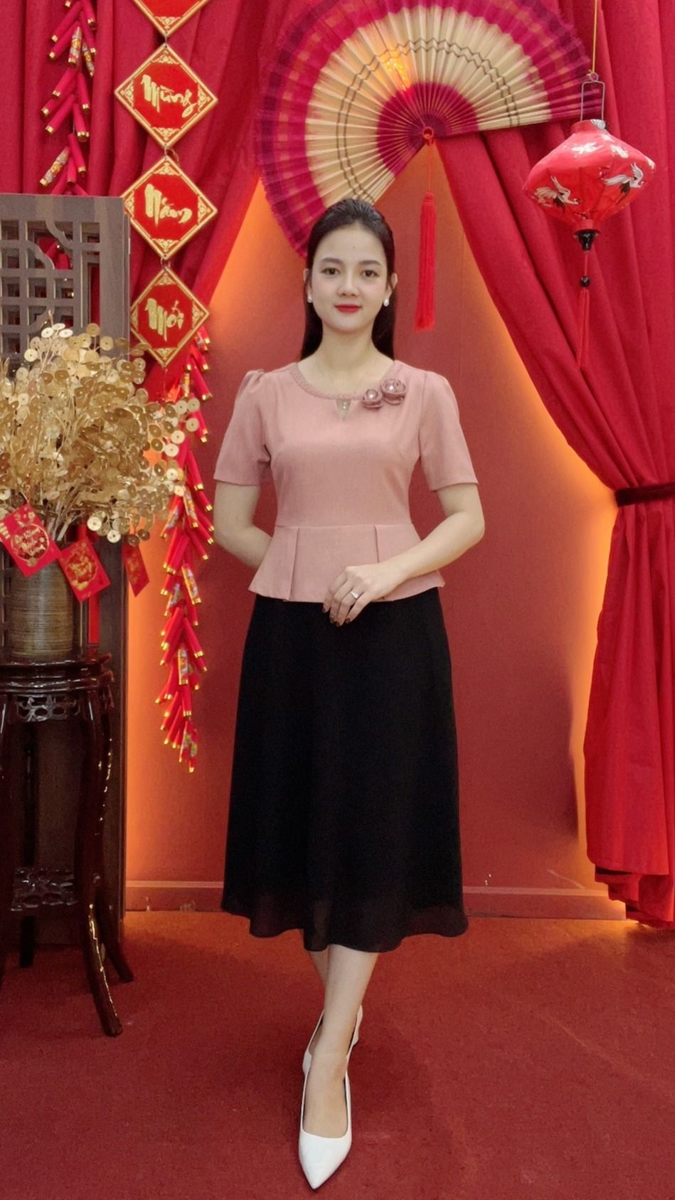 Đầm xòe - Cổ tròn khoét V kết hoa tay ngắn - AH - Hồng ruốc - TTV2024