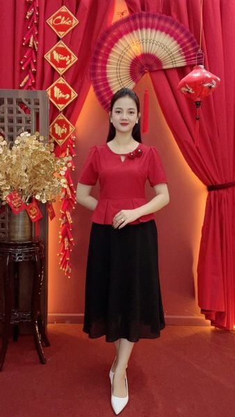 Đầm xòe - Cổ tròn khoét V kết hoa tay ngắn - AH - Đỏ - TTV2024