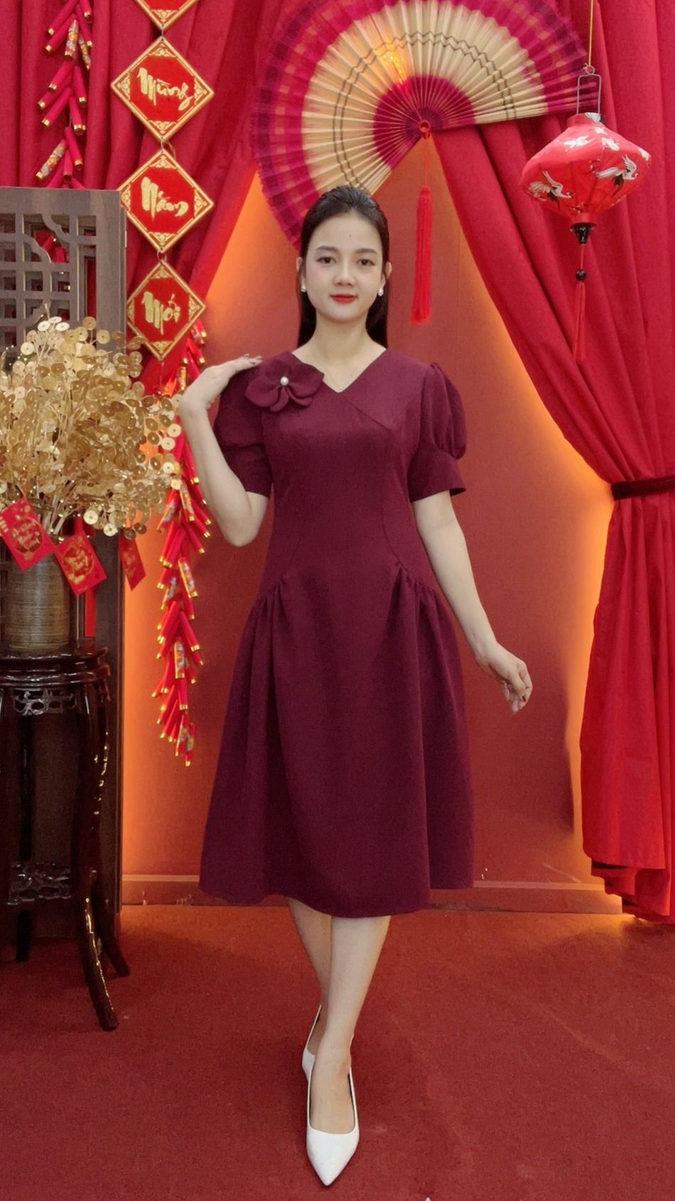 Đầm xòe - Cổ tim kết hoa tay nhún phồng - AH - Đỏ rượu - TTV2027