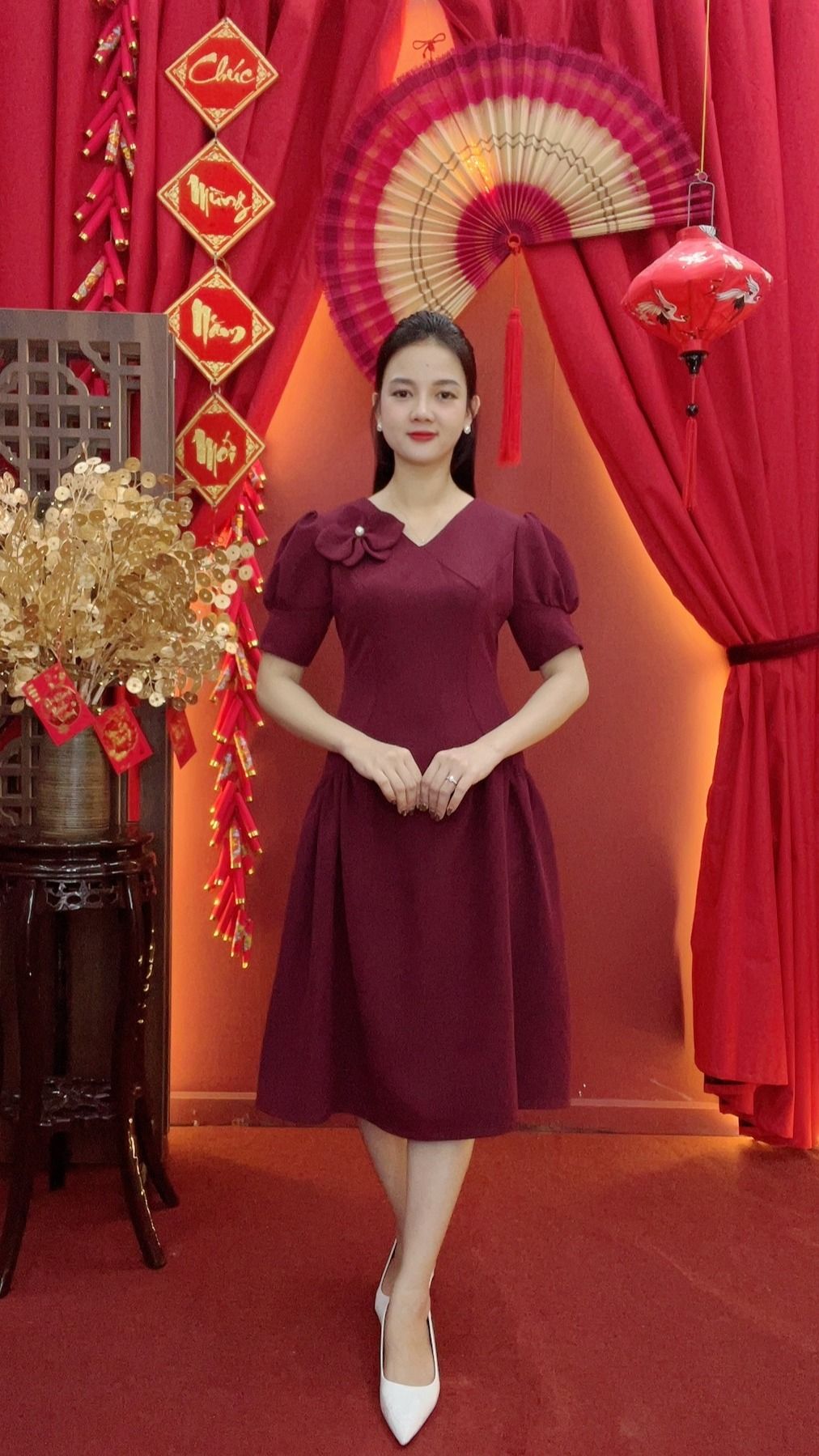 Đầm xòe - Cổ tim kết hoa tay nhún phồng - AH - Đỏ rượu - TTV2027