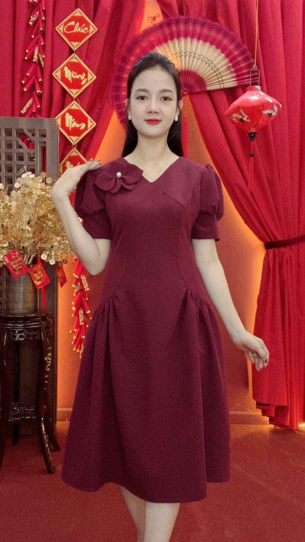 Đầm xòe - Cổ tim kết hoa tay nhún phồng - AH - Đỏ rượu - TTV2027