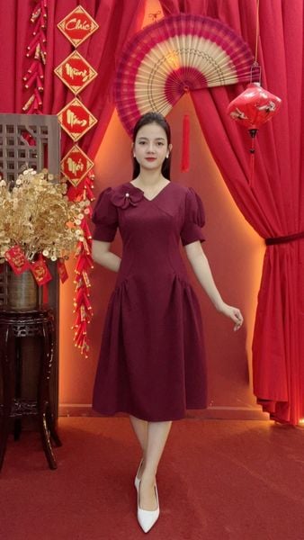 Đầm xòe - Cổ tim kết hoa tay nhún phồng - AH - Đỏ rượu - TTV2027
