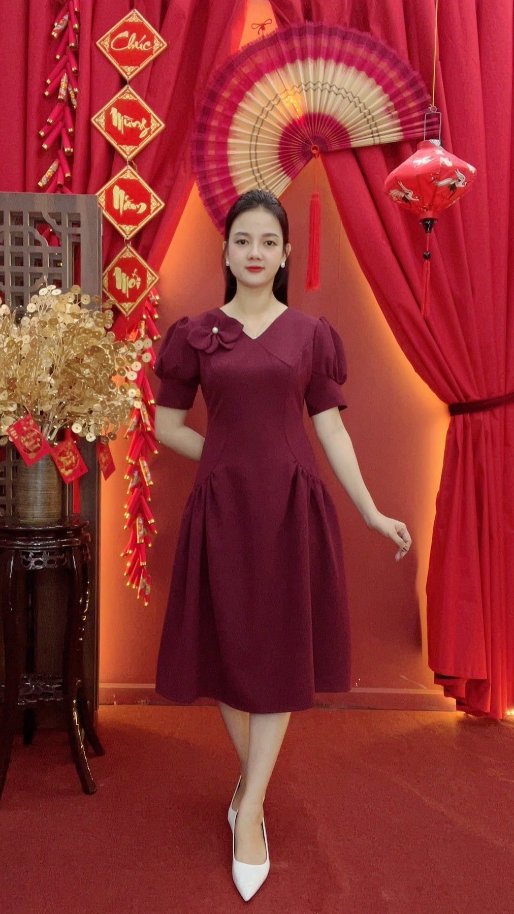 Đầm xòe - Cổ tim kết hoa tay nhún phồng - AH - Đỏ rượu - TTV2027