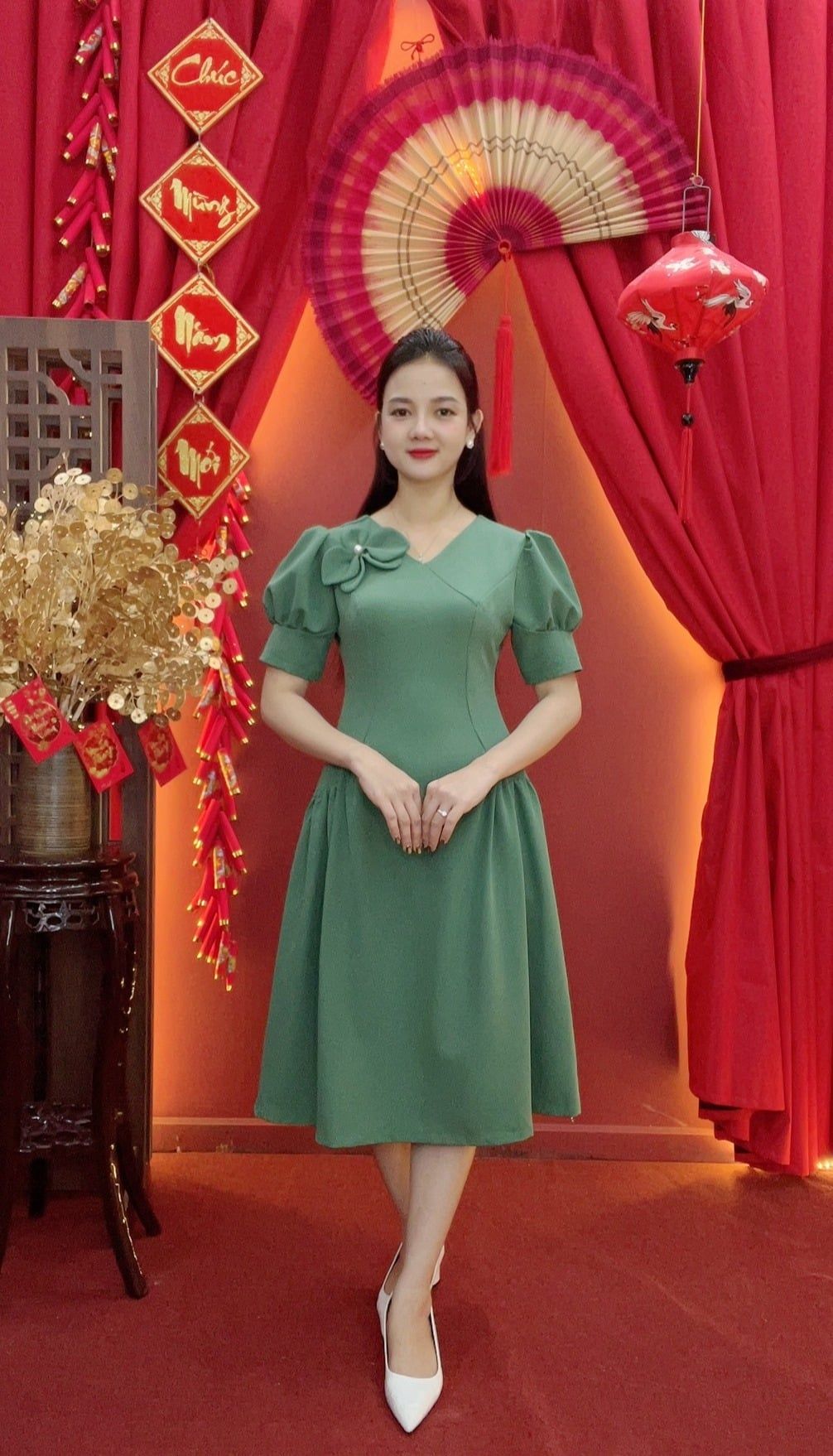 Đầm xòe - Cổ tim kết hoa tay nhún phồng - AH - Xanh đậu - TTV2027