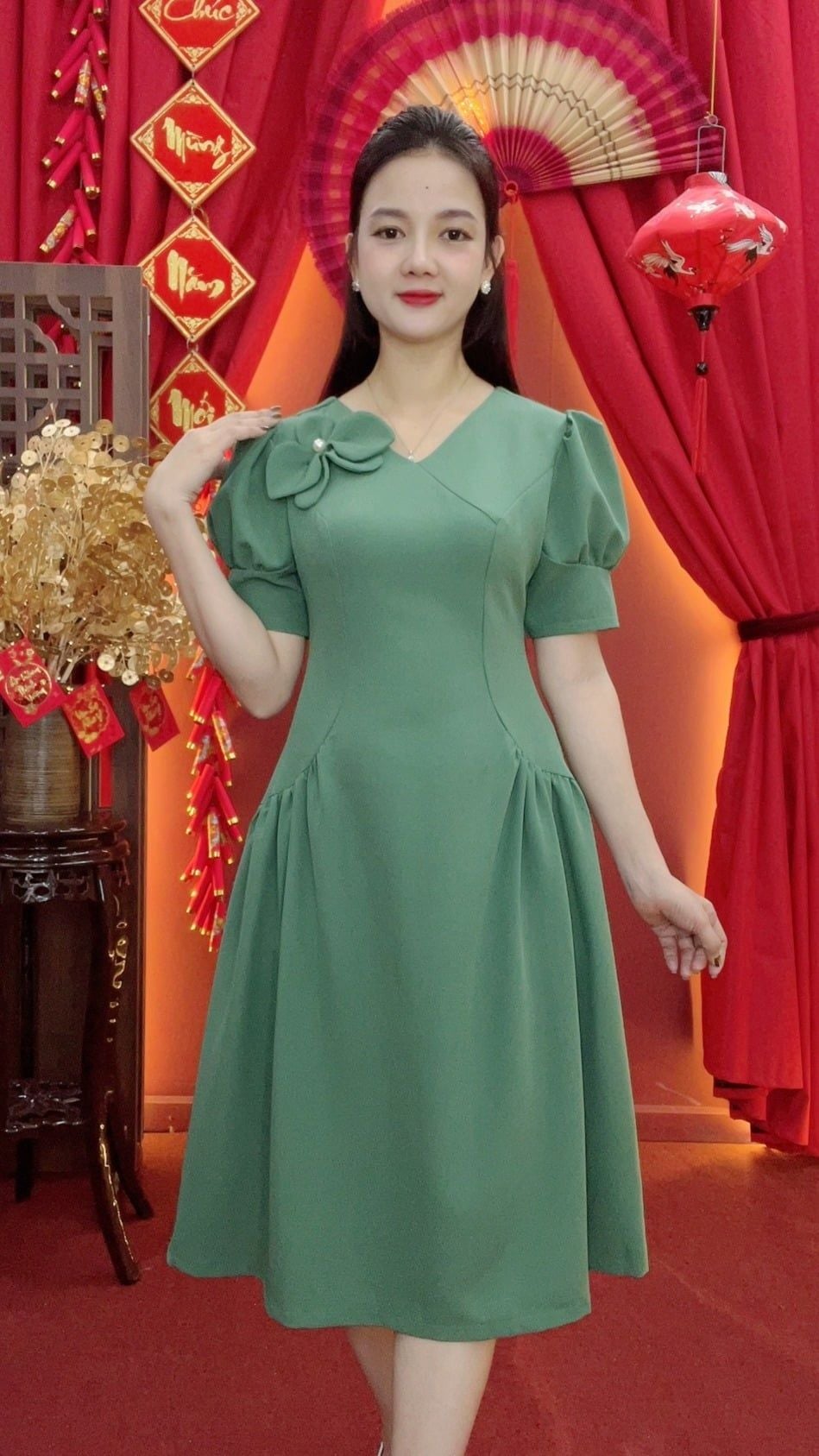 Đầm xòe - Cổ tim kết hoa tay nhún phồng - AH - Xanh đậu - TTV2027