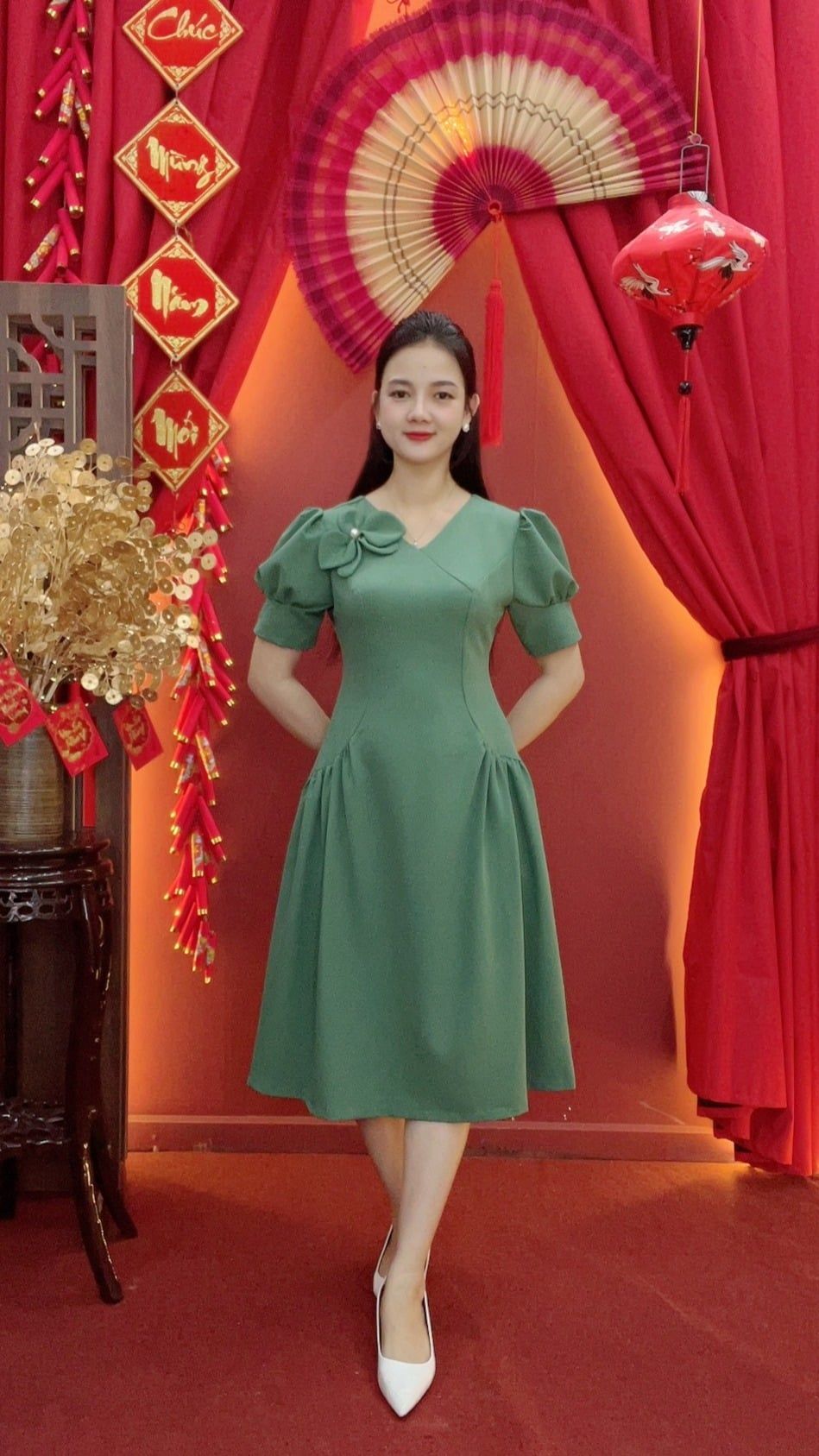 Đầm xòe - Cổ tim kết hoa tay nhún phồng - AH - Xanh đậu - TTV2027