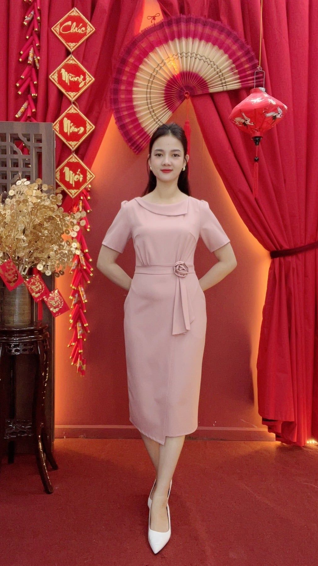 Đầm body - Cổ thuyền tay ngắn kết hoa - CD - Hồng dâu - TTV2028