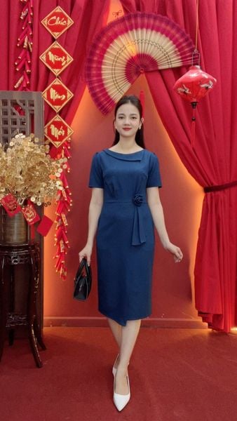 Đầm body - Cổ thuyền tay ngắn kết hoa - CD - Xanh coban - TTV2028