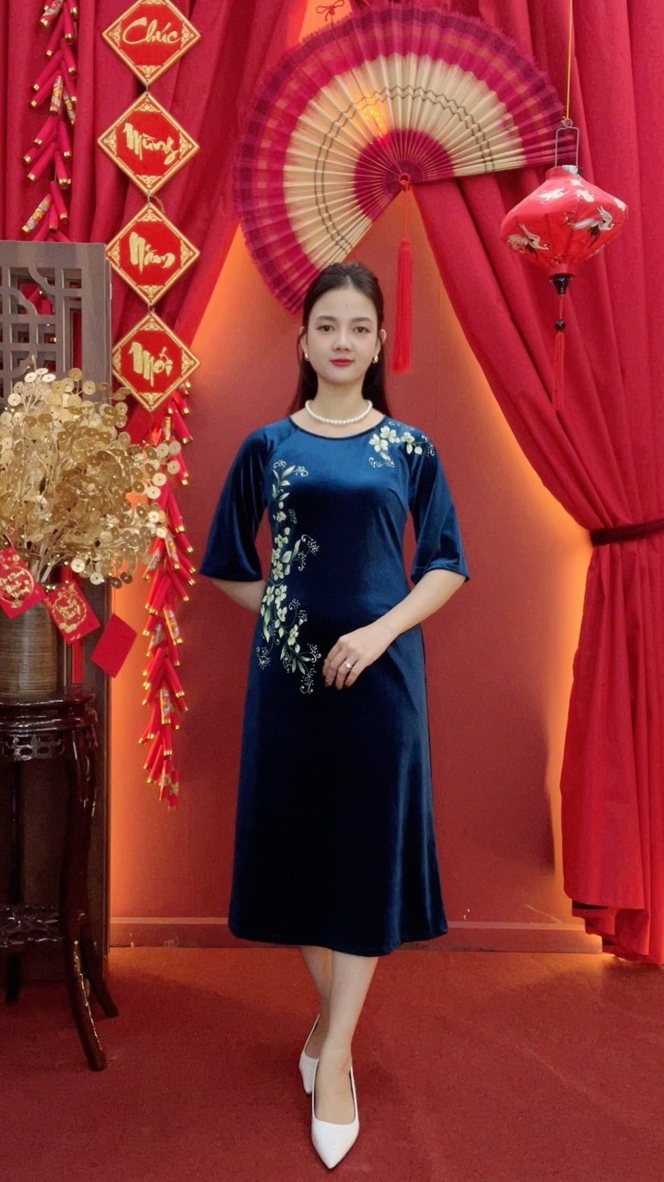 Đầm suông - Cổ tròn tay lỡ vẽ hoa - CD - Xanh vẽ hoa - TTV2029