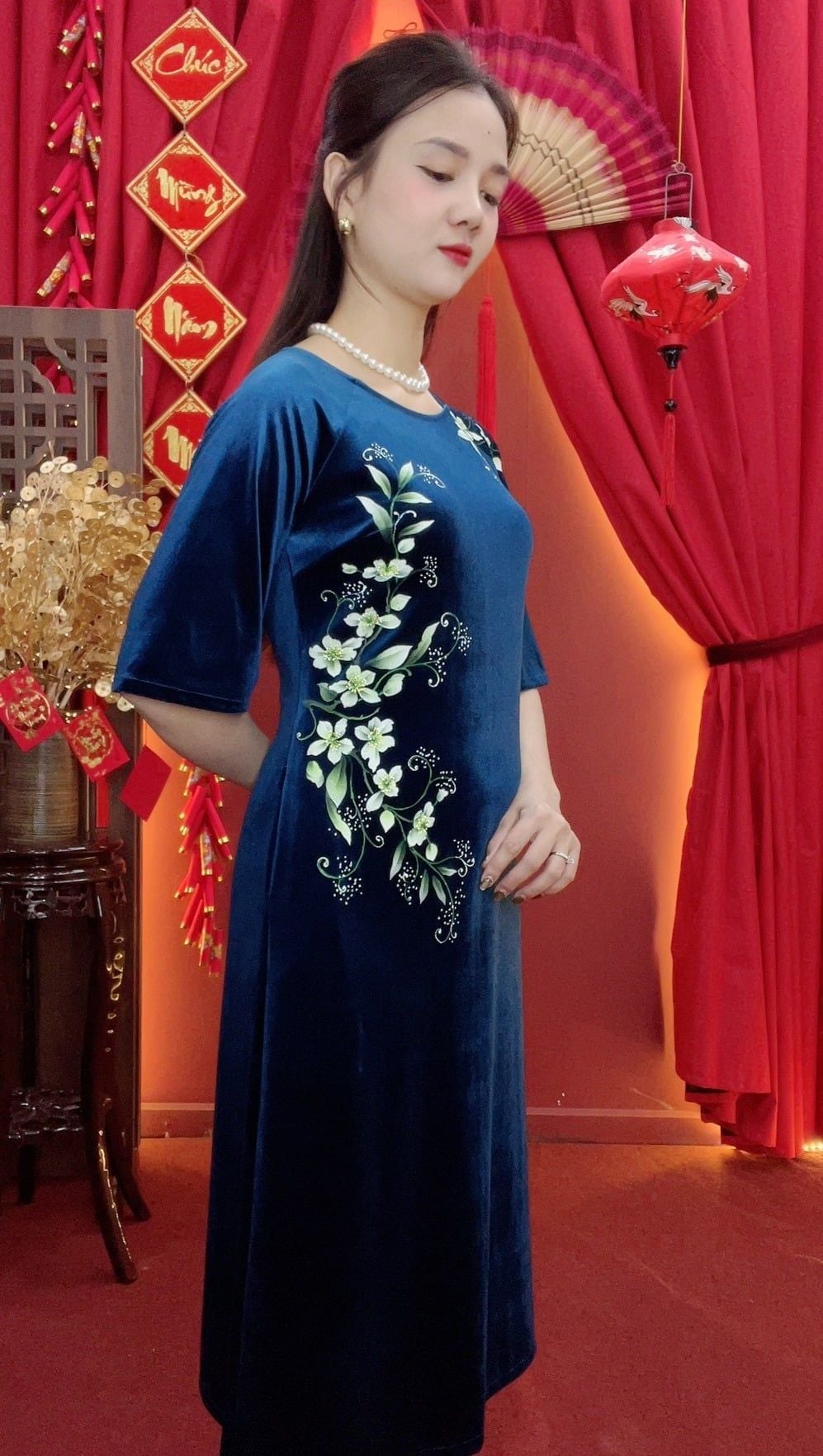 Đầm suông - Cổ tròn tay lỡ vẽ hoa - CD - Xanh vẽ hoa - TTV2029